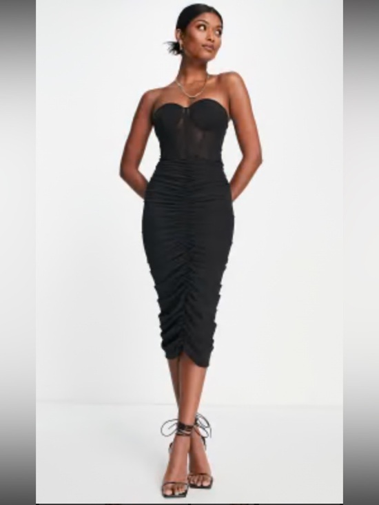 ASOS Dresses & Skirts - ASOS DESIGN Premium Mesh Bandeau Corset Ruched Black Midi Dress Size US 6